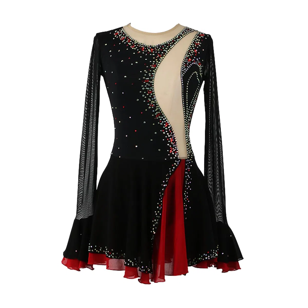 Damen Kürkleider Eiskunstlauf Kleid Mädchen Schwarz Rot Mesh Langarm Strass Kürkleid Rollkunstlauf Kinder Tanzanzug