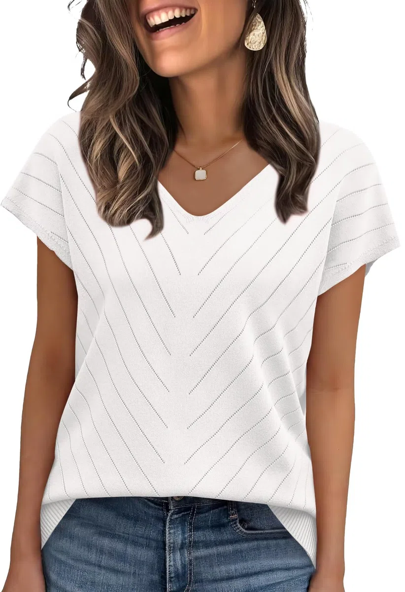 WIHOLL Pullover Damen Kurzarm Sommer Elegant T Shirt Leicht V-Ausschnitt Stretch Oberteile Basic Strickpullover Tops