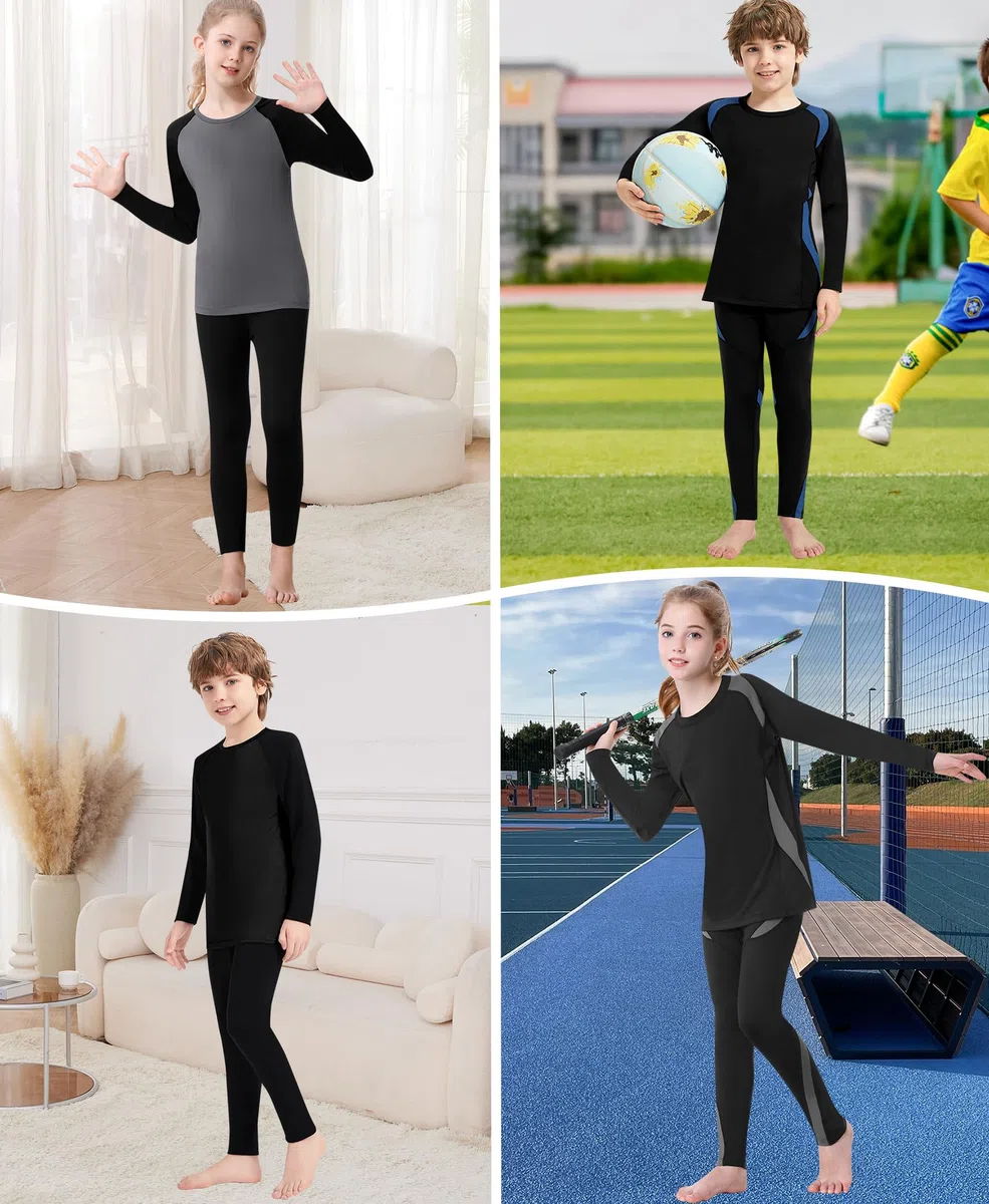 Jiuday Thermounterwäsche Kinder Fussball Funktionsunterwäsche für Jungen Mädchen Skiunterwäsche Atmungsaktiv Soft Warm Winter Langarm Sportunterwäsche für 6-14 Jahre Kinder (A-Grau+Schwarz,L)