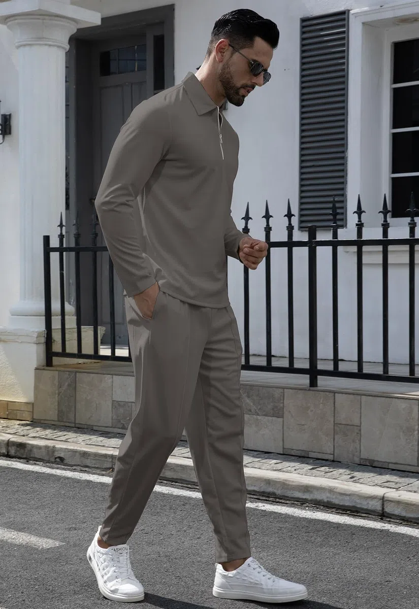 KUYIGO Herren-Trainingsanzüge mit 1/4-Reißverschluss, Poloshirt, 2-teiliges Outfit, Langarm-Pullover, Trainingsanzug-Set, Sweatshirt und Jogginghose, lässige Waffel-Oberteile, Hose, Sport, Activewear