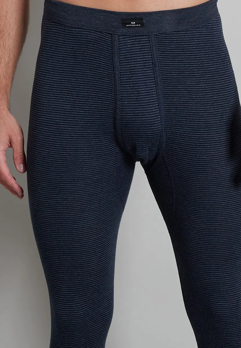 Götzburg Herren Premium lange Unterhose, Baumwolle, Feinripp, blau, gestreift, mit Bündchen, mit Eingriff