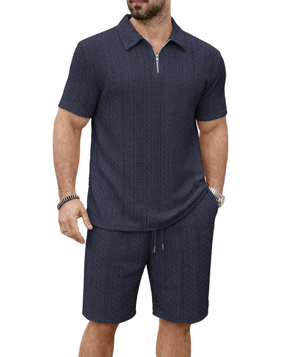 KUYIGO Herren-Trainingsanzug, 2-teilig (Polohemd & Shorts), luftdurchlässige T-Shirts und Shorts für den Sommer, Freizeit, Fitness, Urlaub und Outdoor, S–2XL