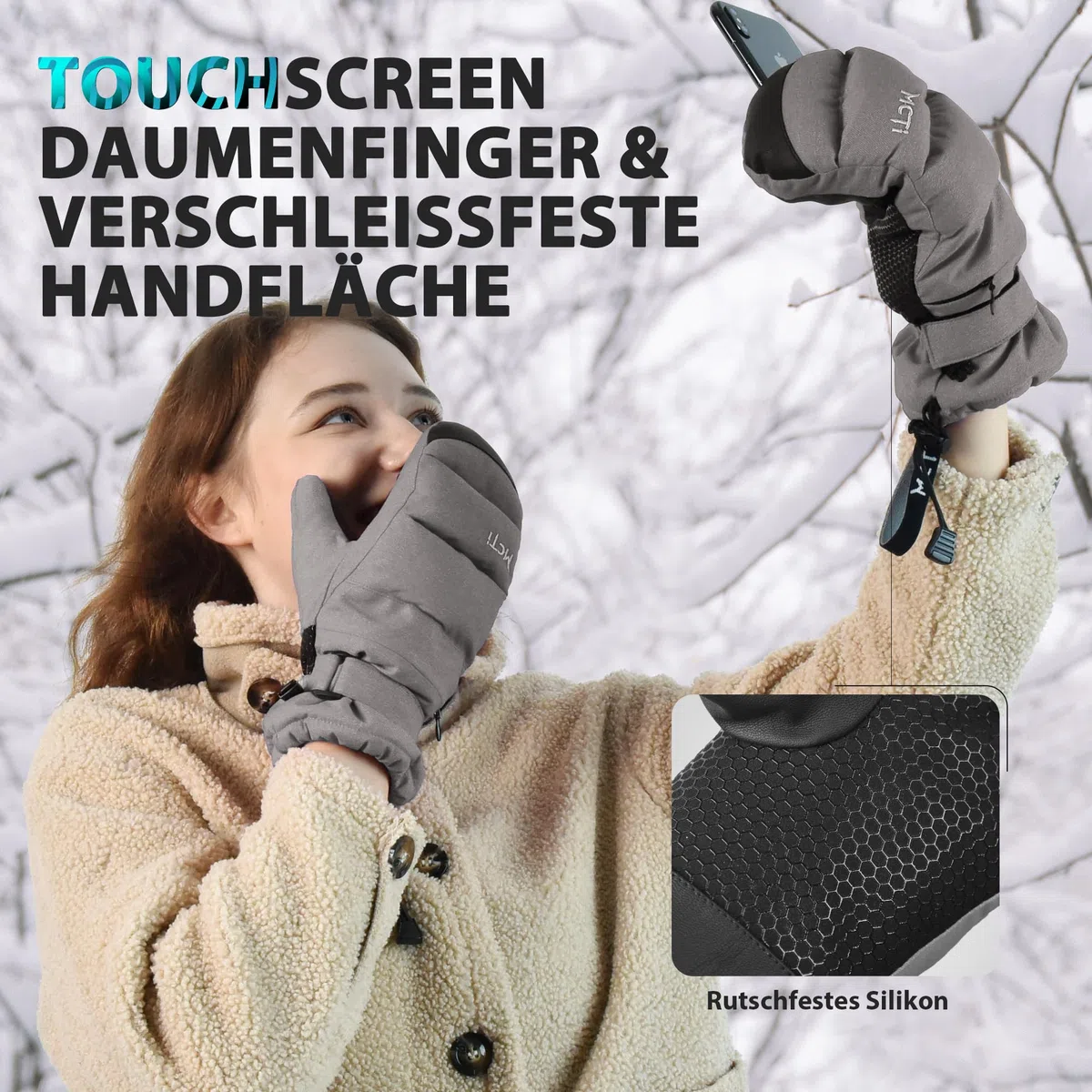 Skihandschuhe Damen Snowboard Fausthandschuhe Touchscreen wasserdichte Winter Warme Fäustlinge mit versteckter Reißverschlusstasche