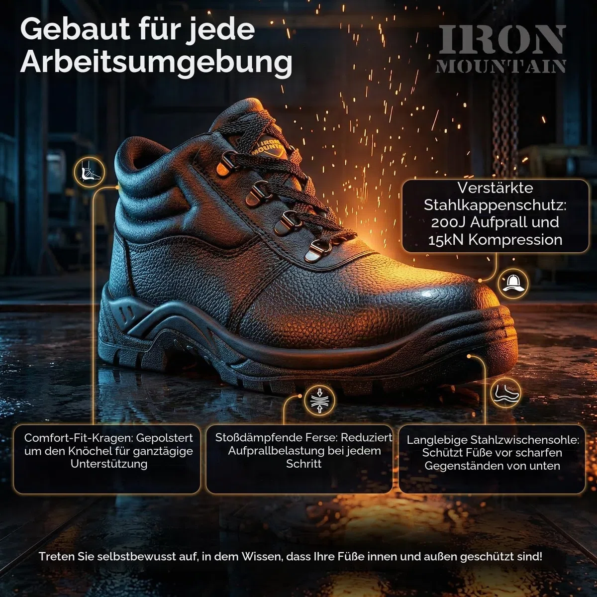 Iron Mountain Unisex-Arbeitssicherheitsstiefel S3 SRC, Leder mit Stahlkappe und Stahlzwischensohle, Chukka-Arbeitsstiefel, rutschfest, antistatisch, robuste Arbeitsstiefel, Schwarz, EU 45
