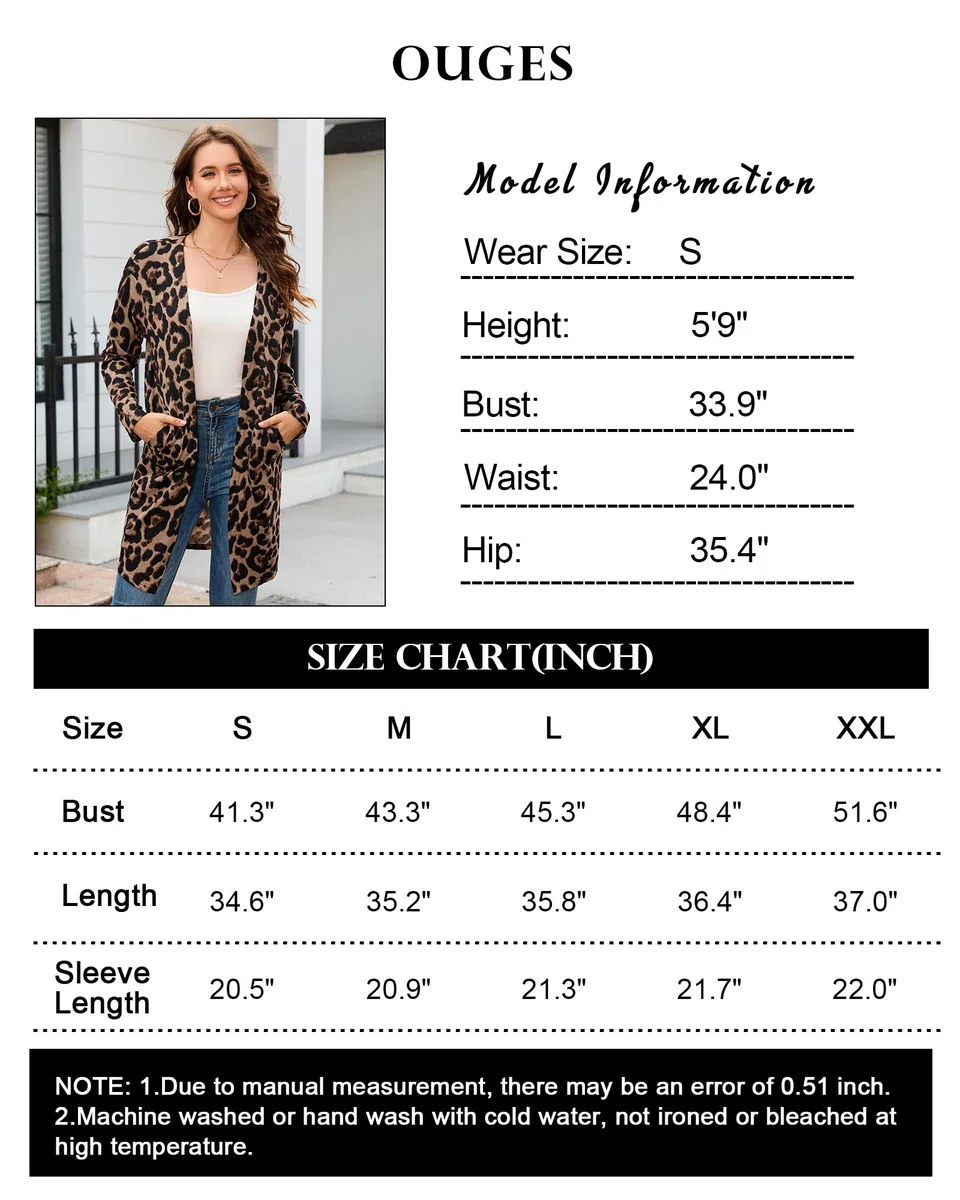 OUGES Damen Langarm Strickjacke Lang Leicht Cardigan Casual Strickmantel mit Taschen