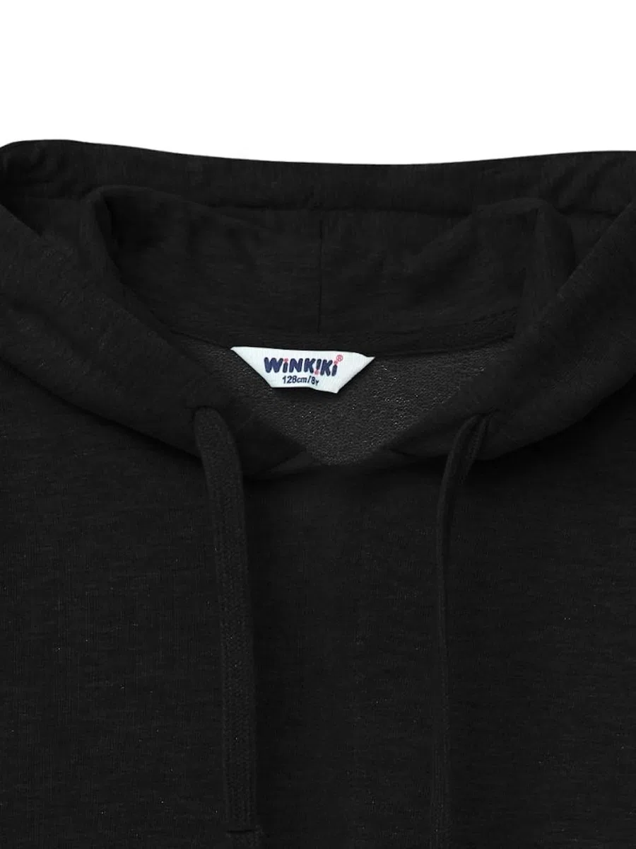 WINKIKI Kinder Hoodie Schwarz aus 100% Baumwolle – Kapuzenpullover & Sweatshirt für Jungen und Mädchen mit Kängurutasche, Größen 140–170