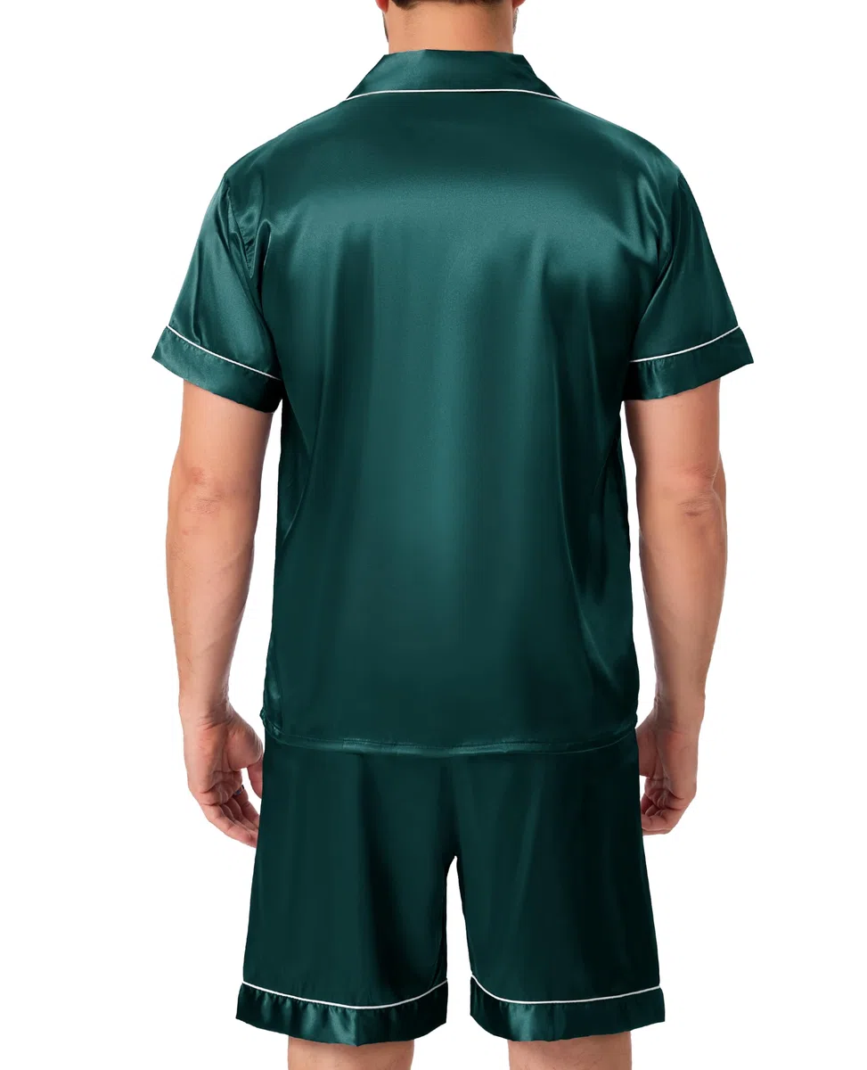 Lovasy Satin Schlafanzug Herren Kurz Kurzarm Pyjamas Set mit Knöpfen Sommer Pjs Sets Zweiteiliger Nachtwäsche