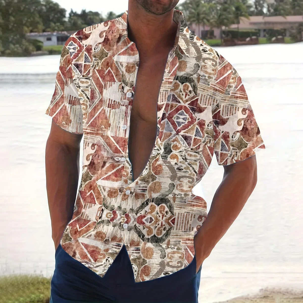 Herren Hemd Kurzarm Sommer Casual Shirt Strand Kurzarmhemd Button Down