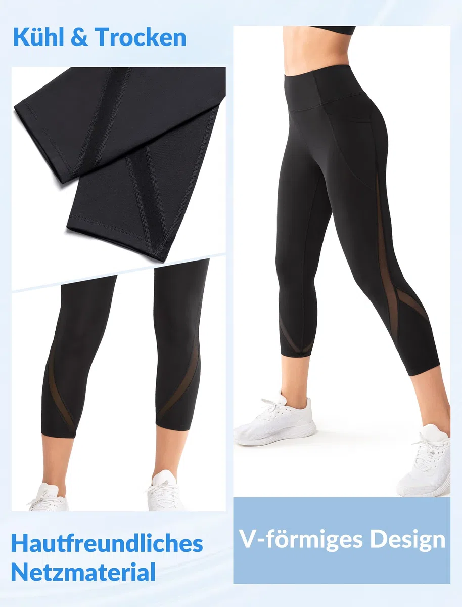 Yvette Damen 3/4 Sport Leggings Capri Sporthose Blichdicht mit Mesh high Waist Bauchkontrolle Leggins