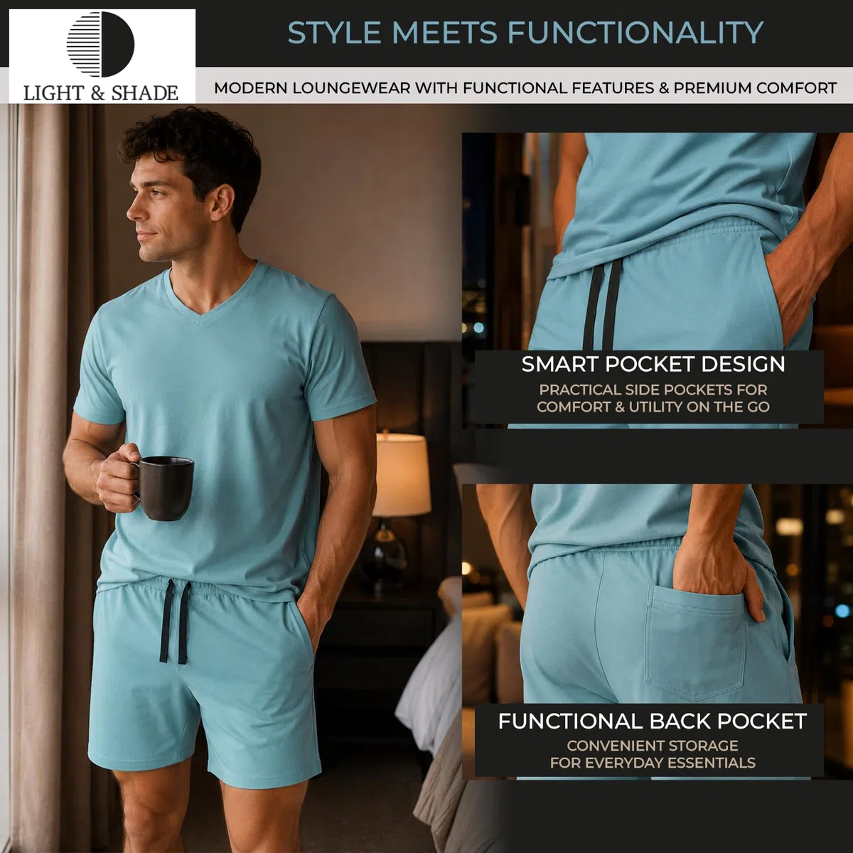 Light & Shade Pyjama-Set mit Oberteil und kurzer Hose für Herren