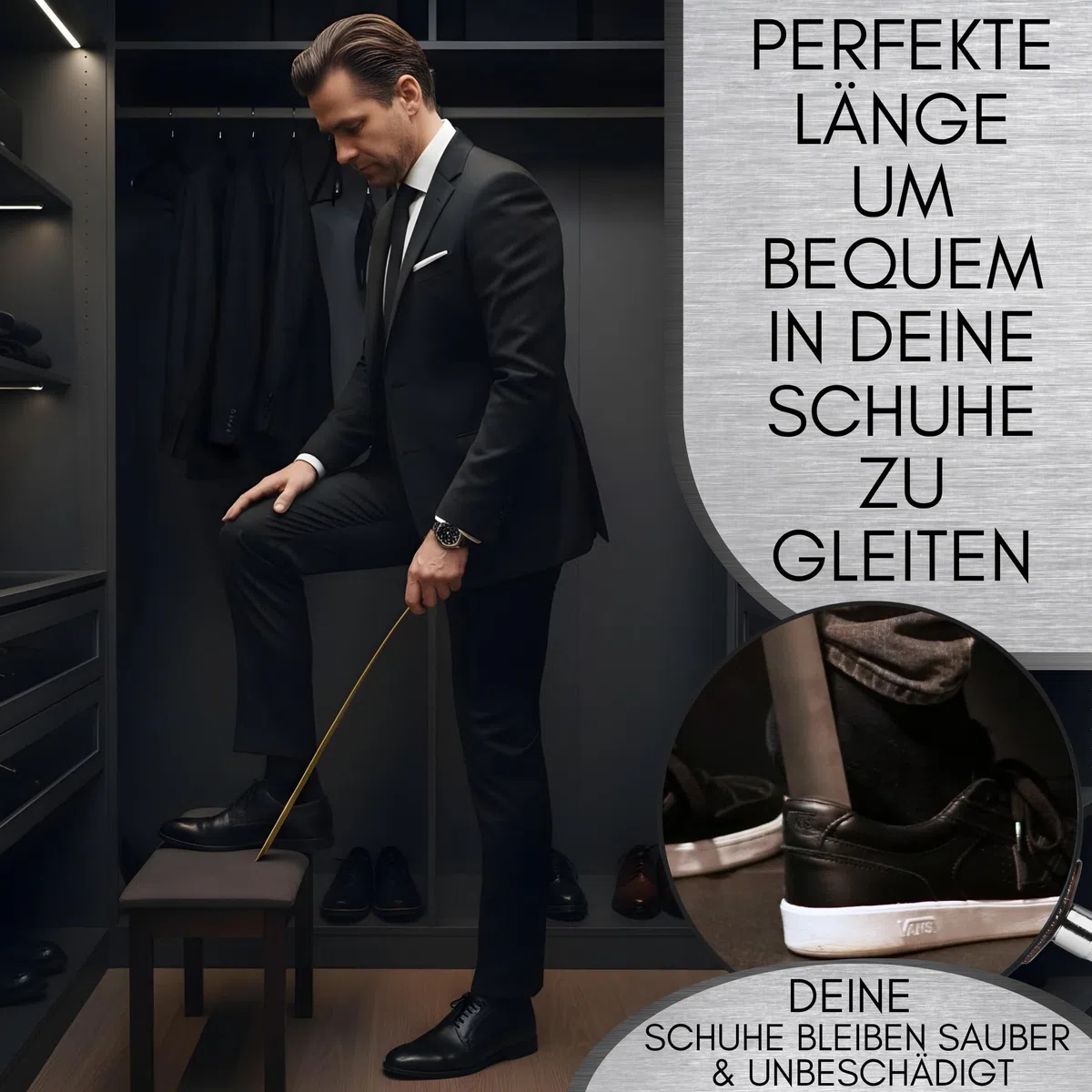 Robfox 70cm Schuhlöffel I extra stabiler Schuhanzieher aus gebürstetem Stahl I lange Schuhanziehhilfe I Rückenschonender Schuh Löffel in Premium Qualität (Silber)