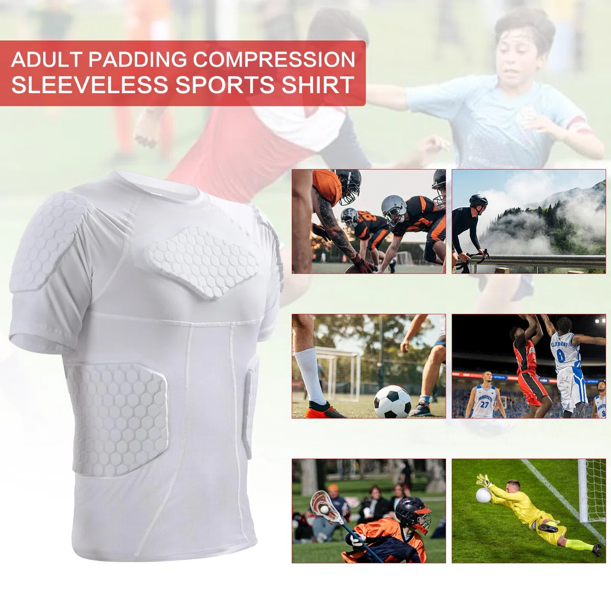 Zicac Sports Compression Shirt, Atmungsaktiv Stoßschutz Sport Tshirts Herren, Rundumschutz Kompressionsshirt Herren für Fußball Basketball Paintball Rugby Radfahren Curling Baseball