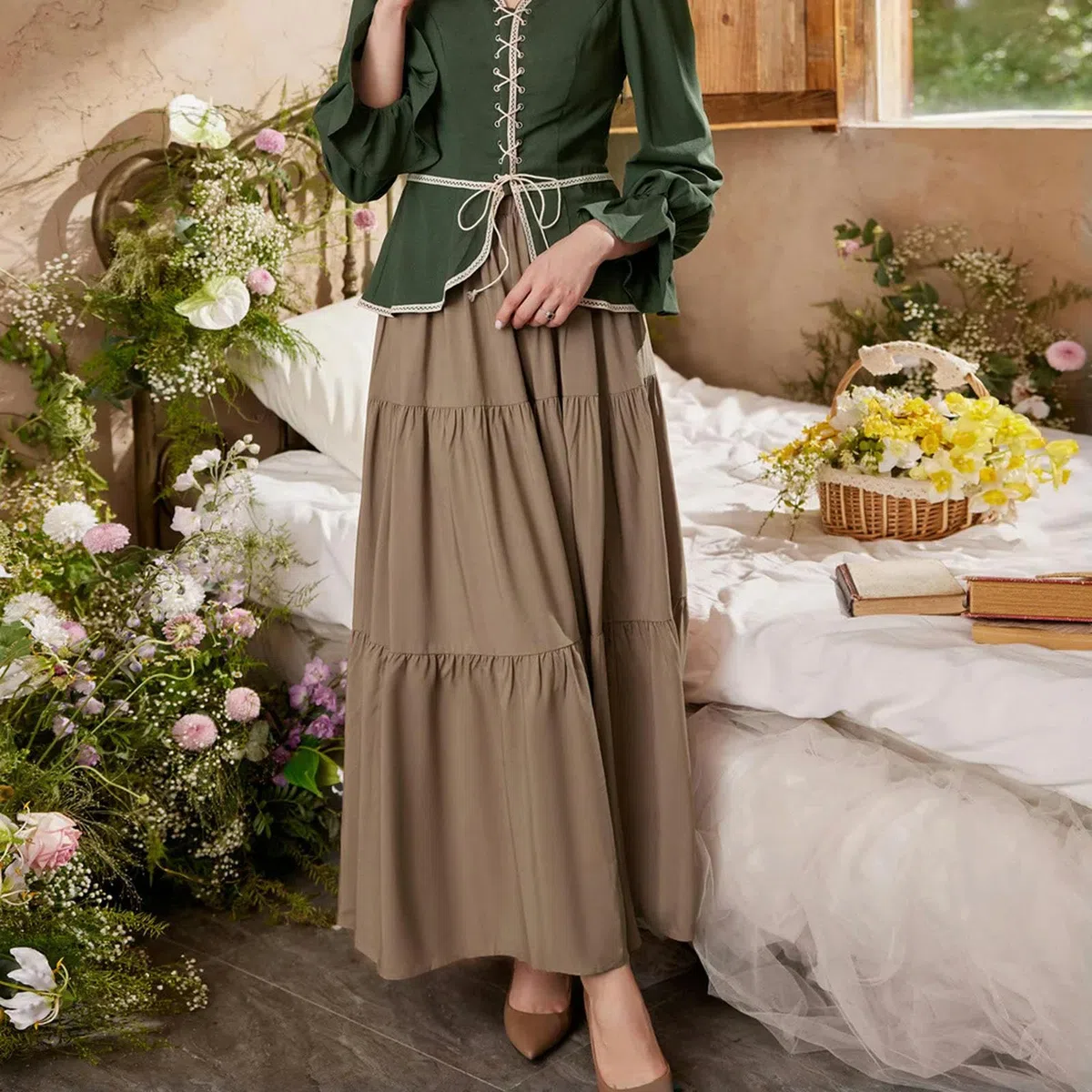 Damen-Stufenrock, elastisch, hohe Taille, Swing-Rock, Vintage-Damenrock, unregelmäßiger Saum, Volants, Lange Röcke, Persischgrün, XXL