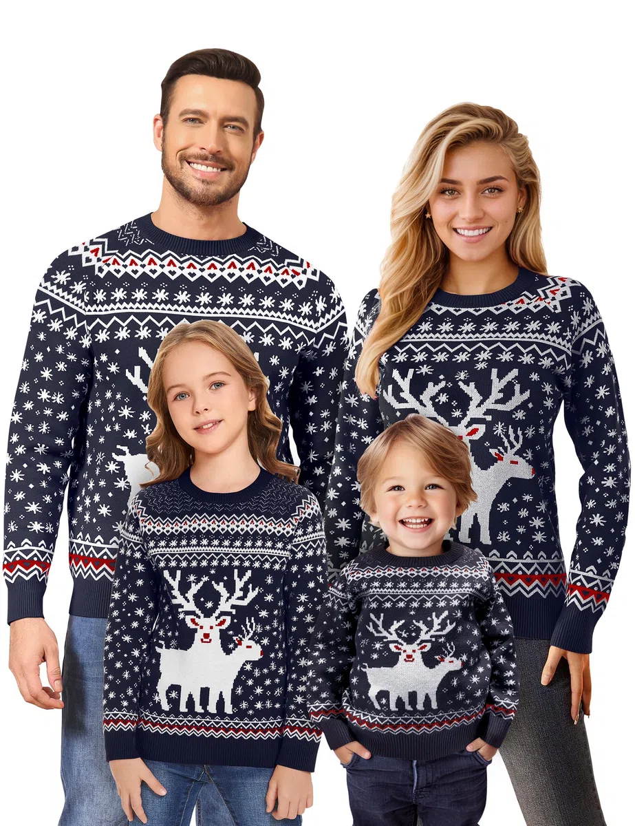 Damen Herren Kinder Weihnachtspullover Lustig Weihnachtspulli Ugly Christmas Sweater Rundhals Strickpullover mit Reindeer Unisex Weihnachts Pullover Familie Set