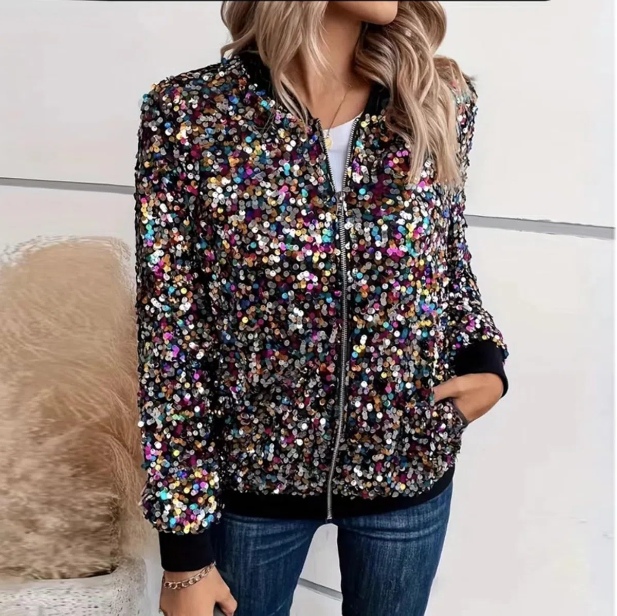 Pailletten Jacke Damen mit Reißverschluss Glitzer Bomberjacke Bolero Elegant Jacken Festliche Disco Kostüm Langarm Casual Pailettenjacke Slim Fit Winter Streetwear Top Glitzertop für Rave Party