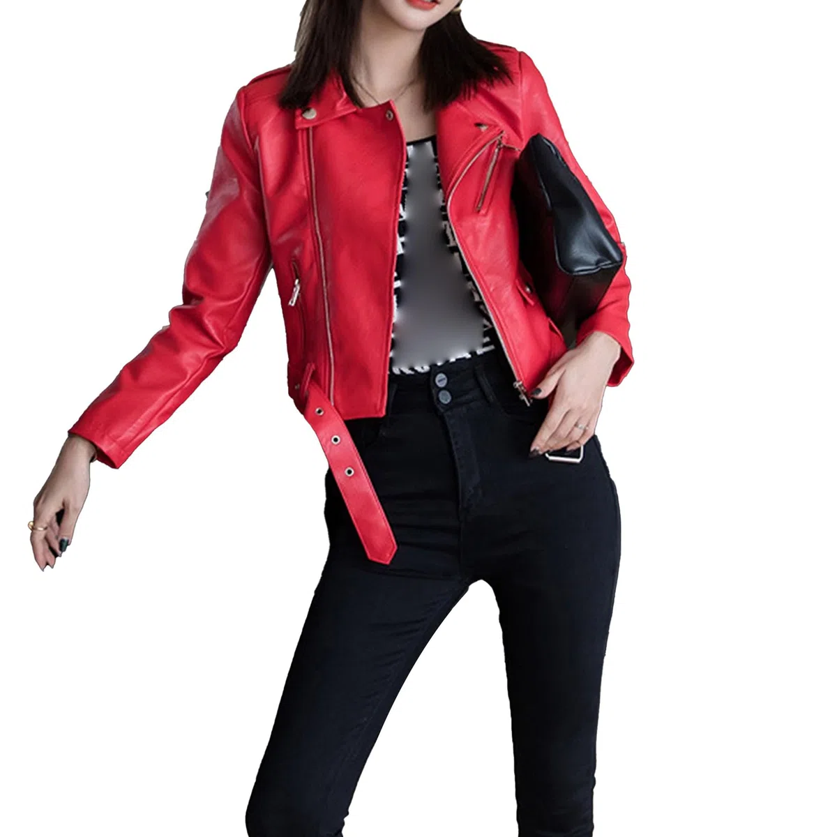 Damen Lederjacke mit Kurze Leichte Kleiner Anzug Slim Kunstlederjacke Casual Frühling Sommer Bikerjacke