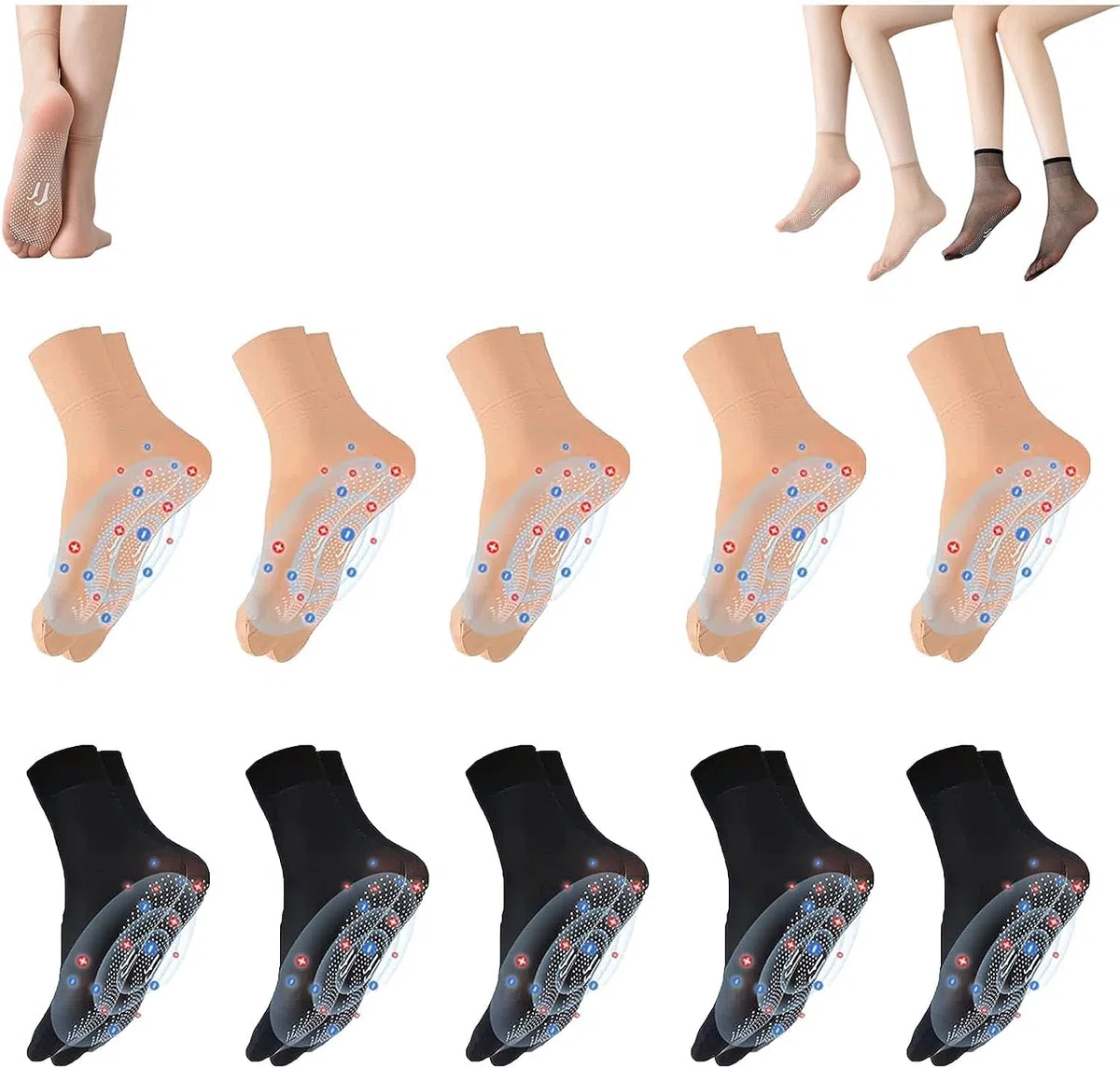 Unisex Erwachsene Turmalin-Ionen Stretchsocken zur Körperformung - Schwarz, Hautton - 5 oder 10 Paar - One Size