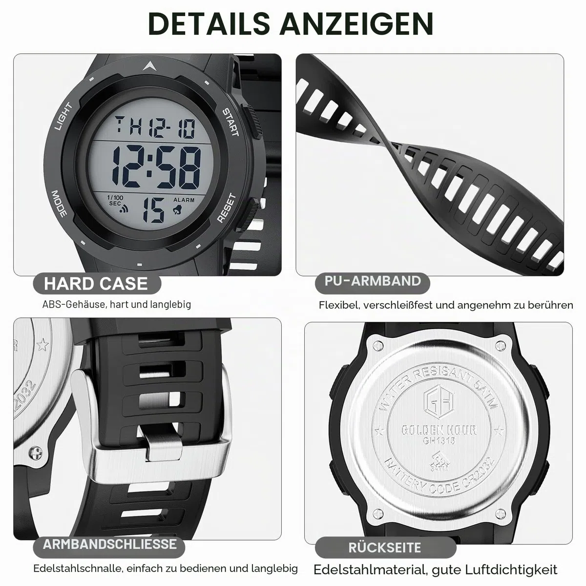 GOLDEN HOUR Uhren Herren Wasserdicht Digital mit Breitem Bildschirm Leicht Ablesbares Display, Militär-Stil, mit Gummi-Armband