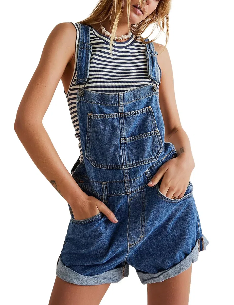 Damen Casual Denim Overall Shorts Lose Verstellbare Träger Latzhose Bib Jeans Shortalls Rompers Hosen