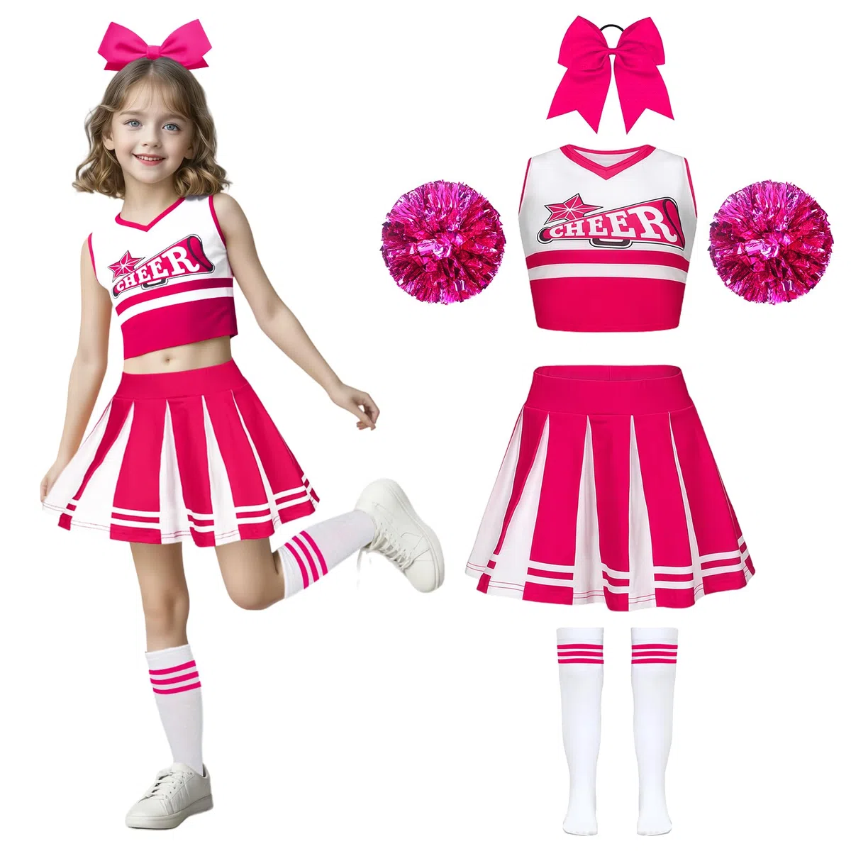 Pom Poms Cheerleader-Outfit für Mädchen, Uniform, High School mit Pompons, Musikuniform, Outfit