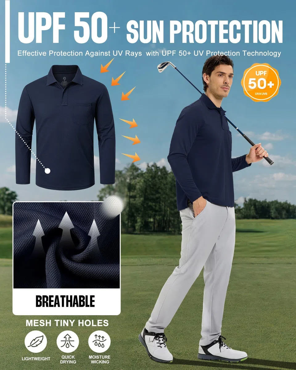 Outdoor Ventures Herren Poloshirt Langarm UPF50+ Sonnenschutz UV Schutz Polohemd Golf Sports T Shirts für Männer Leichtes Atmungsaktiv Poloshirts Casual Polo Tops zum Tennis