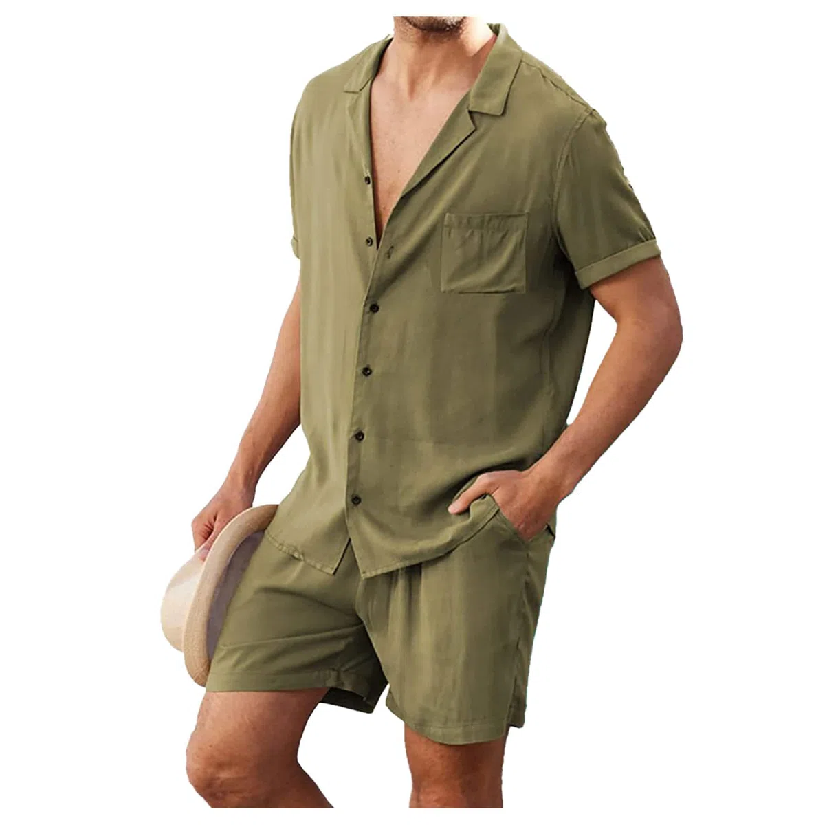 2 Stück Herren Leinen Kurzarm Bluse und Shorts Sätze Sommer Freizeitanzug Tasten Hemd Shirt und Kurze Hosen