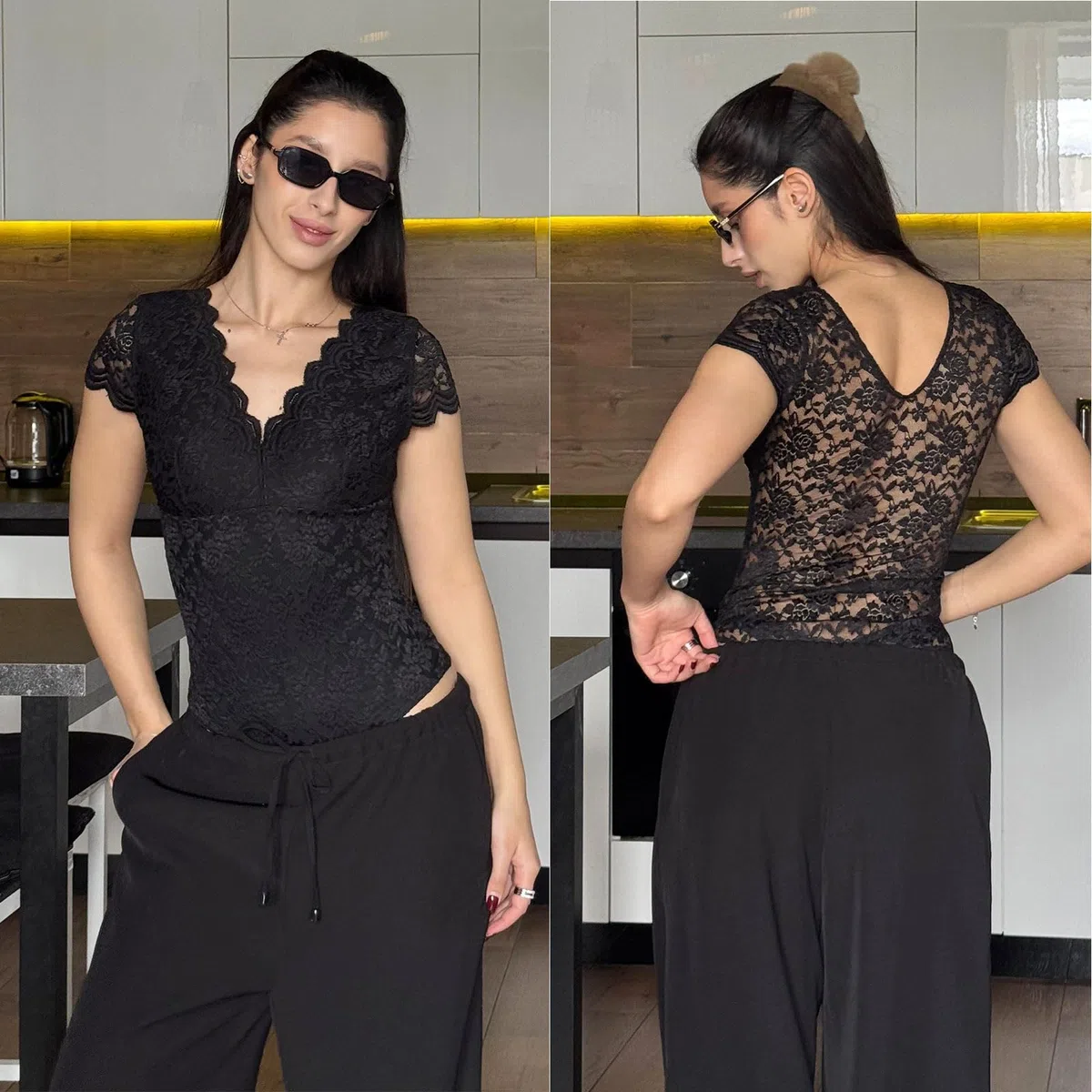Joyshaper Body Damen Spitze Sexy Tiefer V-Ausschnitt Kurzarm Bodysuit Elegant Spitzenbody Oberteile Bluse