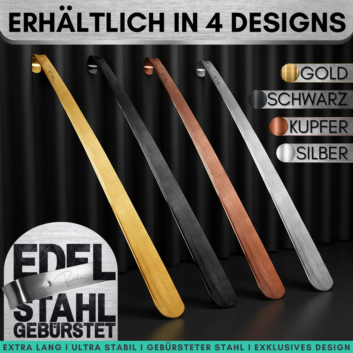 Robfox 70cm Schuhlöffel I extra stabiler Schuhanzieher aus gebürstetem Stahl I lange Schuhanziehhilfe I Rückenschonender Schuh Löffel in Premium Qualität (Silber)