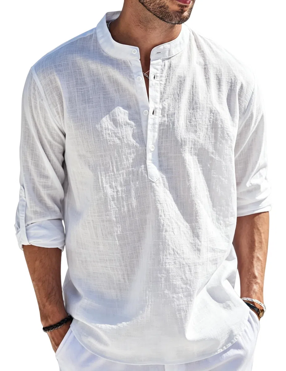 Cegerne Leinenhemd Herren Hemd Langarm Sommerhemd Freizeithemd Casual Henley Shirts für Urlaub Strand