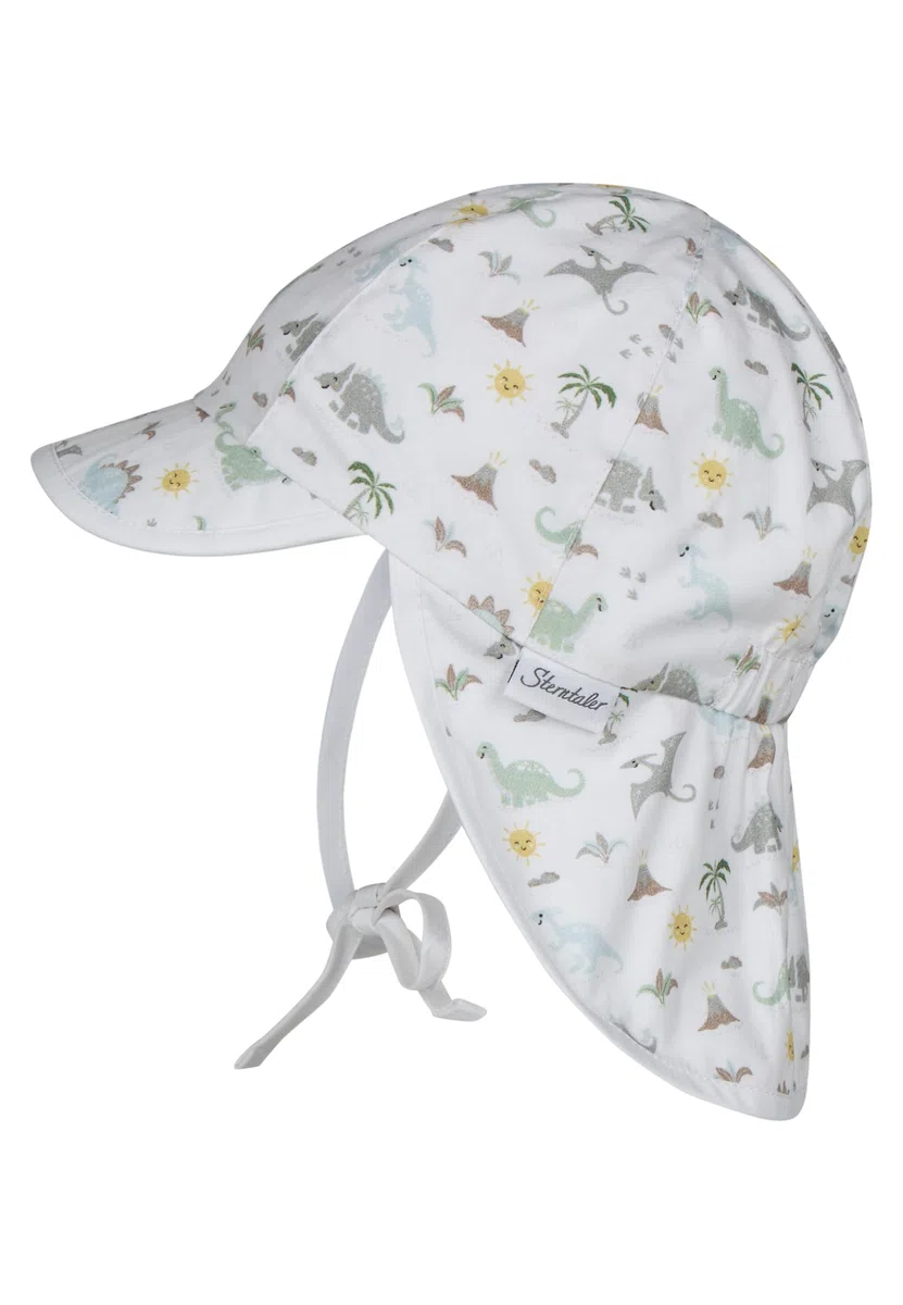 Sterntaler Schirmmütze Nackenschutz Dinowelt – Leichte Kindermütze aus Baumwoll-Popeline mit Dino-Print, elastischem Gummibund, Bindeband und weichem Innenfutter, UV-Schutz 50+