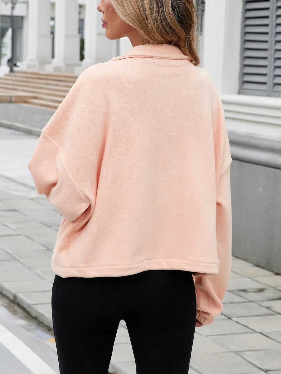Famulily Damen Drawstring Saum Langarm Crop Sweatshirt Tops Full Zip Fleece Kurze Jacke mit Taschen S bis XL