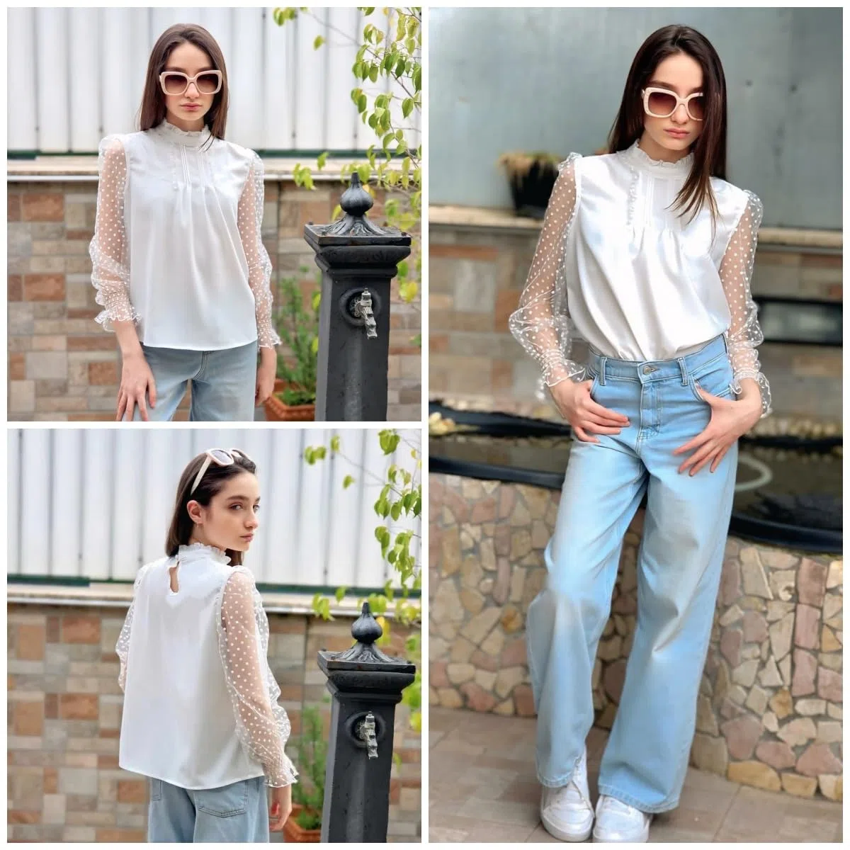 Rolanko Mädchen Langarmshirt Chiffon Blusen Rüschenkragen Puffärmel mit Schweizer Punkten Niedliche Oberteile