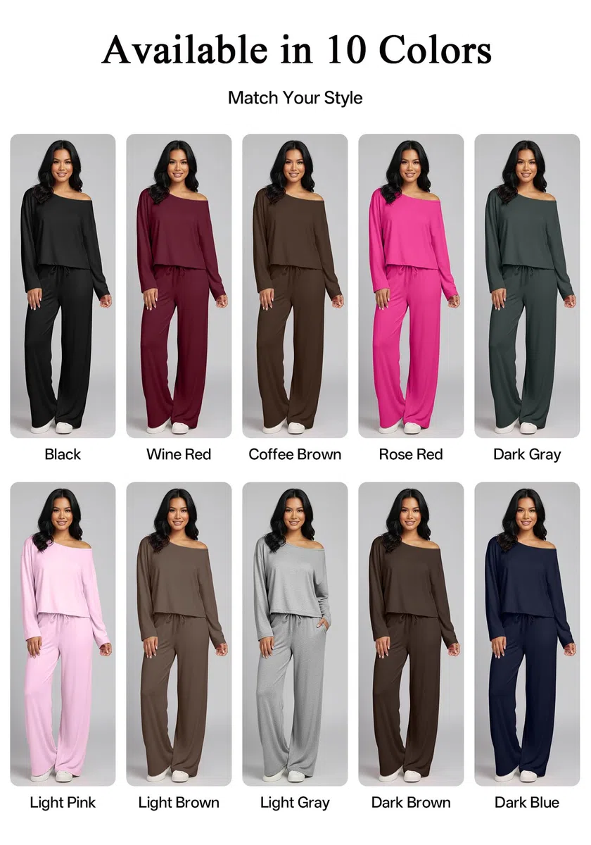 Damen Zweiteiler Lounge Set mit Langarm-Top und Weitbein-Hose, Loungewear Damen, Schulterfrei, Weich und Dehnbar