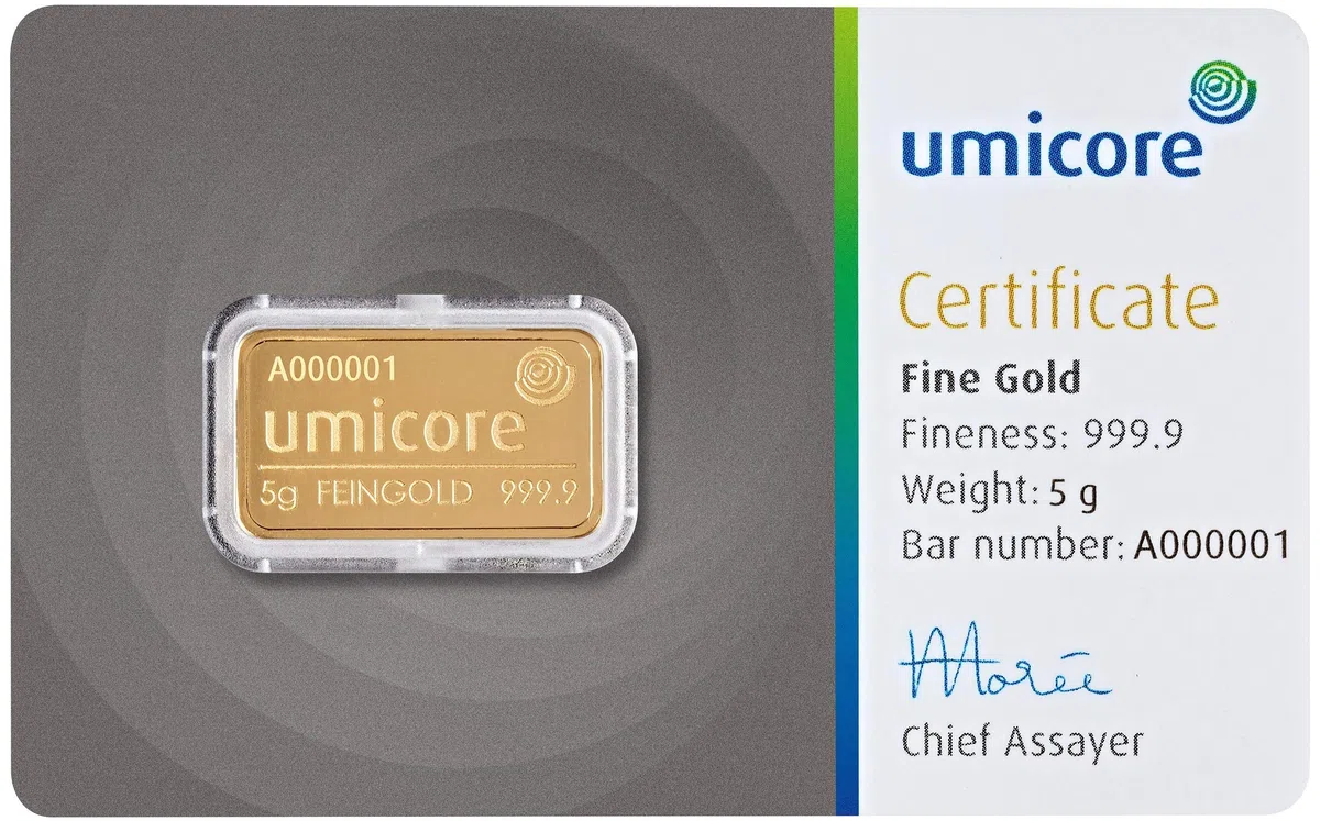 5 Gramm Goldbarren Umicore + Echtheitszertifikat - 5 g Gold - Feingold 999.9 - Prägefrisch - LBMA Zertifiziert