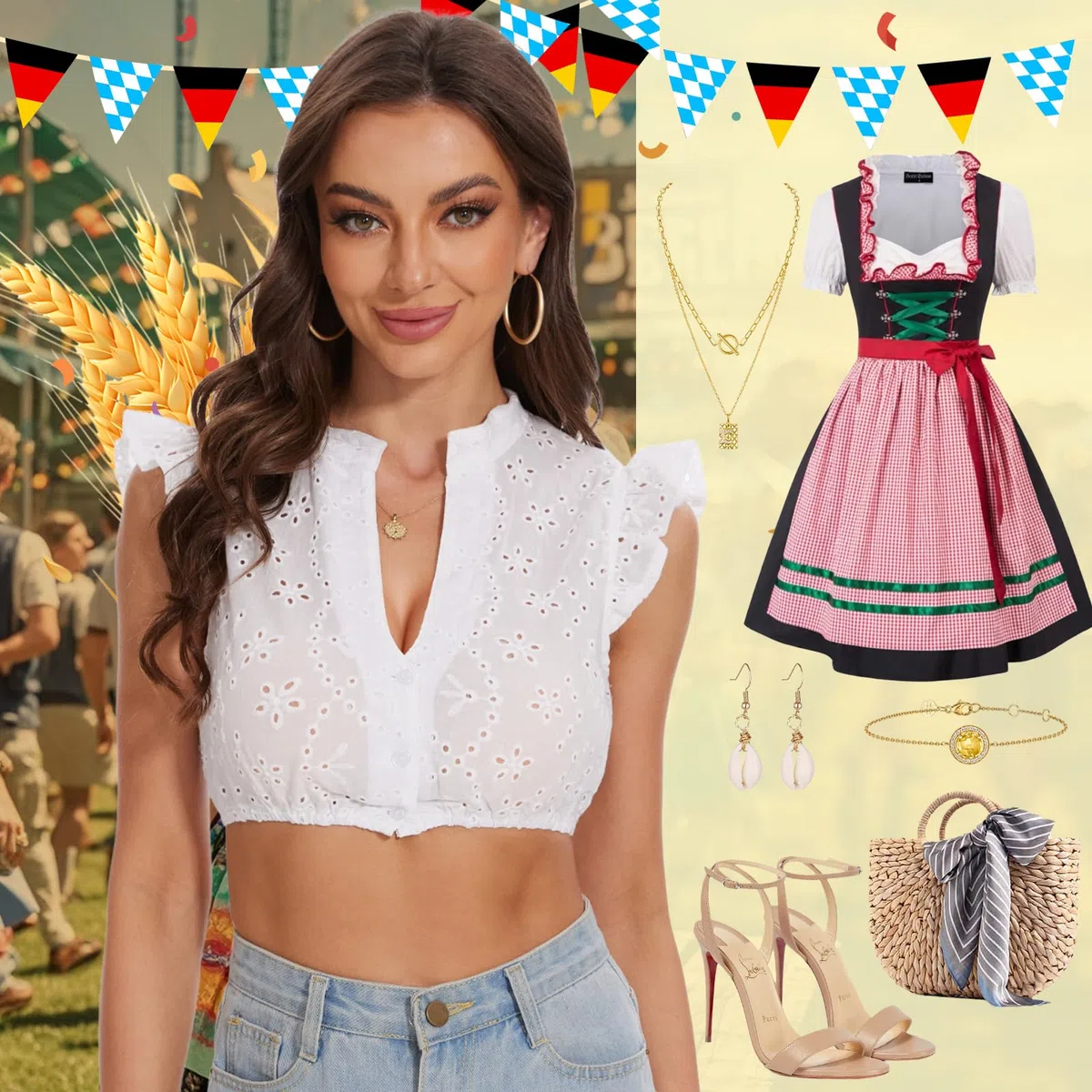 Dirndl Bluse Damen Weiß Dirndlbluse Trachtenbluse Damen Kurzarm V-Ausschnitt für Oktoberfest S-XXL