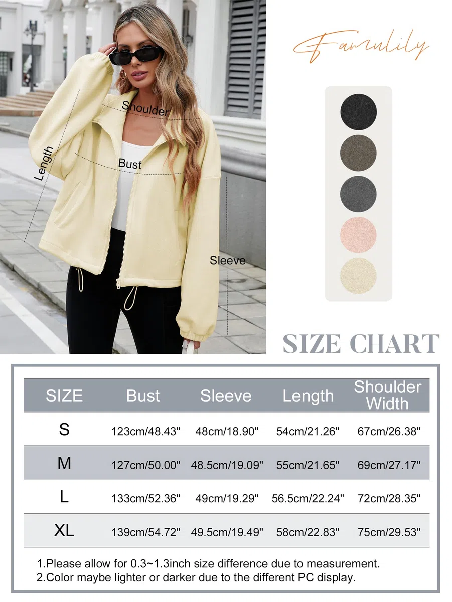 Famulily Damen Drawstring Saum Langarm Crop Sweatshirt Tops Full Zip Fleece Kurze Jacke mit Taschen S bis XL
