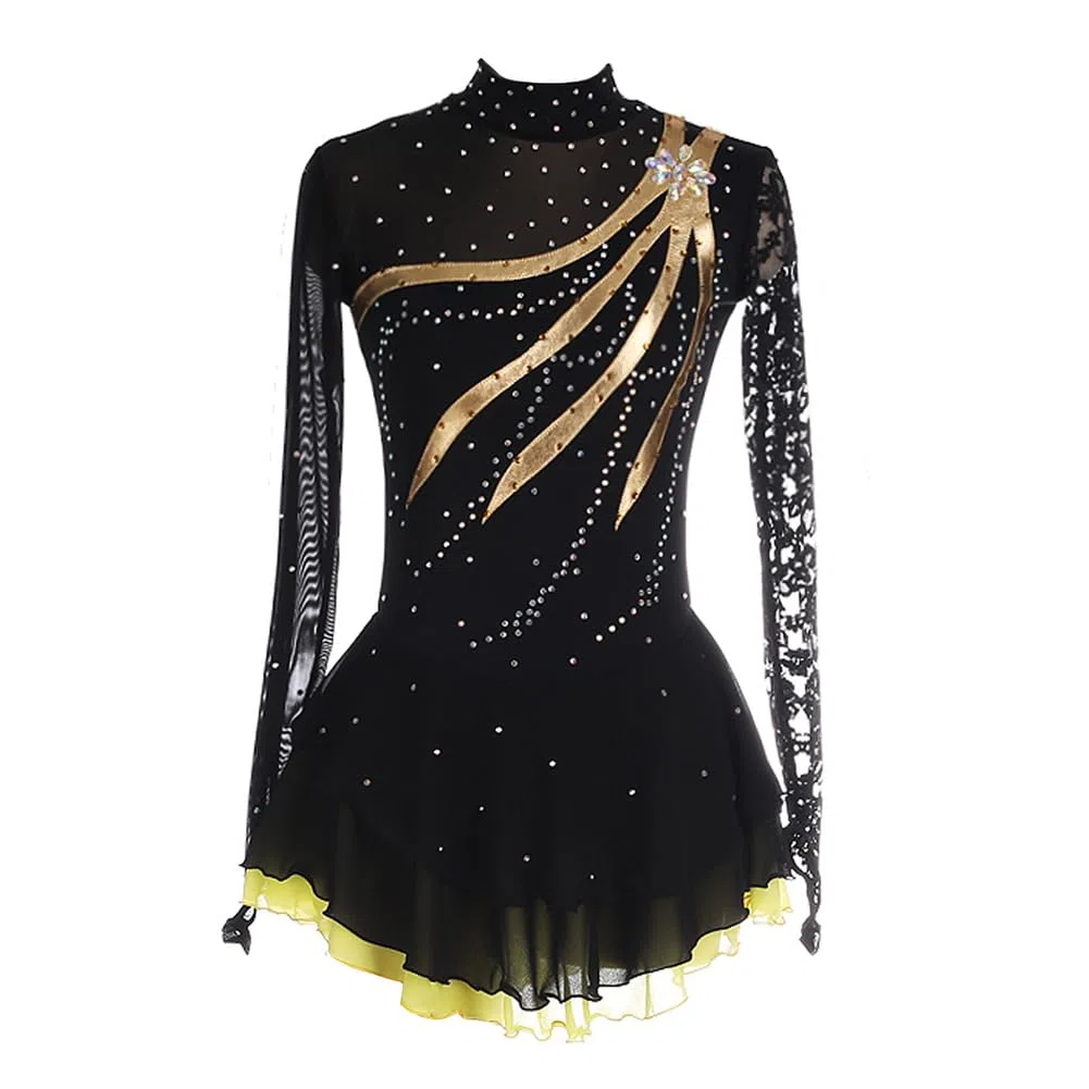Eiskunstlauf Kleid Mädchen, Handmade, Schwarz, Mesh, Spitze, Langarm, Strass, Kürkleid Rollkunstlauf Kostüme Wintersport Professional Tanzkleider