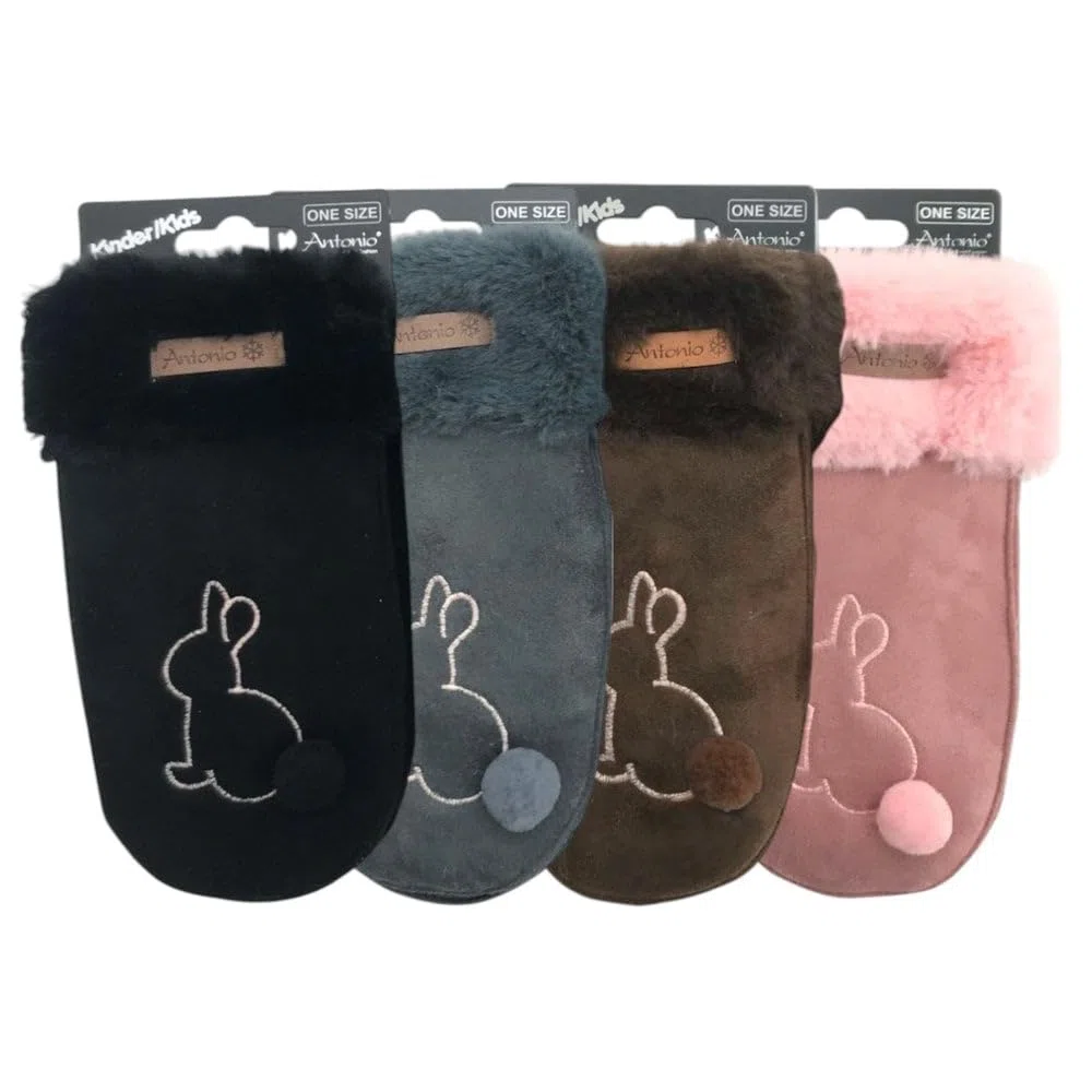 Winter Kinder Suede Fäustlinge » Handschuhe Hase mit Teddy » Günstige Kinderhandschuhe weich gefüttert » Kunstfell am Handgelenk