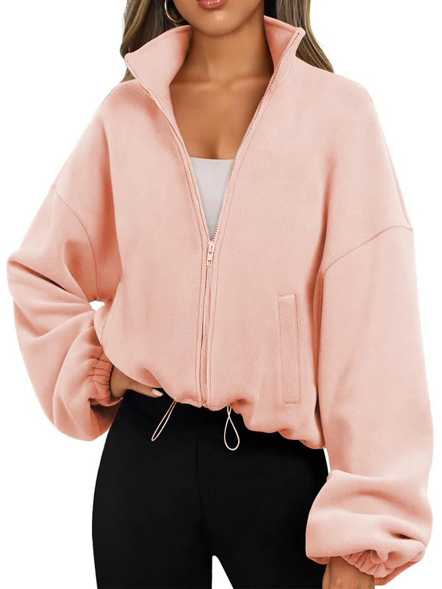 Famulily Damen Drawstring Saum Langarm Crop Sweatshirt Tops Full Zip Fleece Kurze Jacke mit Taschen S bis XL