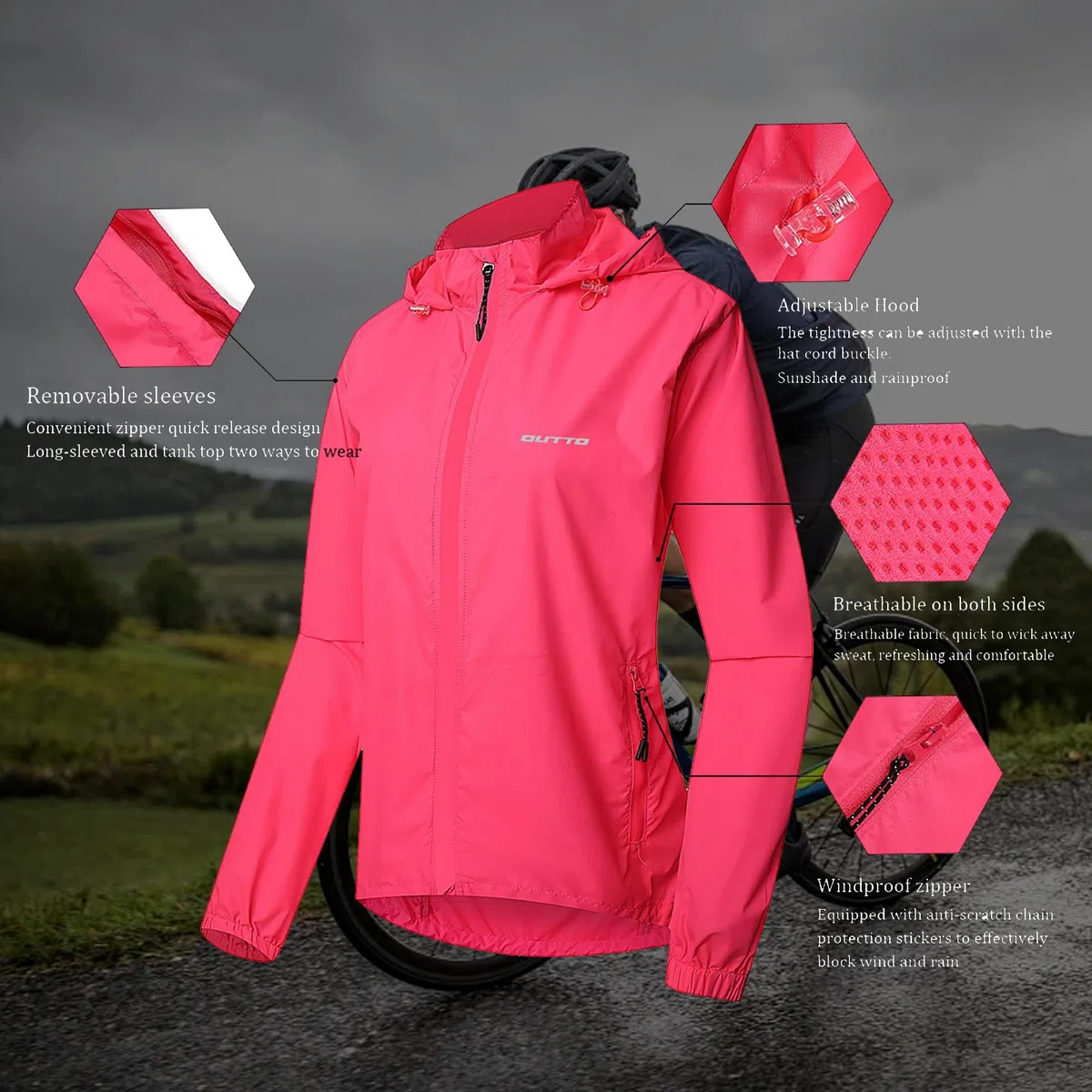 HARLSO Damen Sommer Fahrradjacke 2-in-1 mit abnehmbaren Ärmeln, wasserdichte, atmungsaktive Fahrradweste für Radfahren, Laufen,Pink-3XL