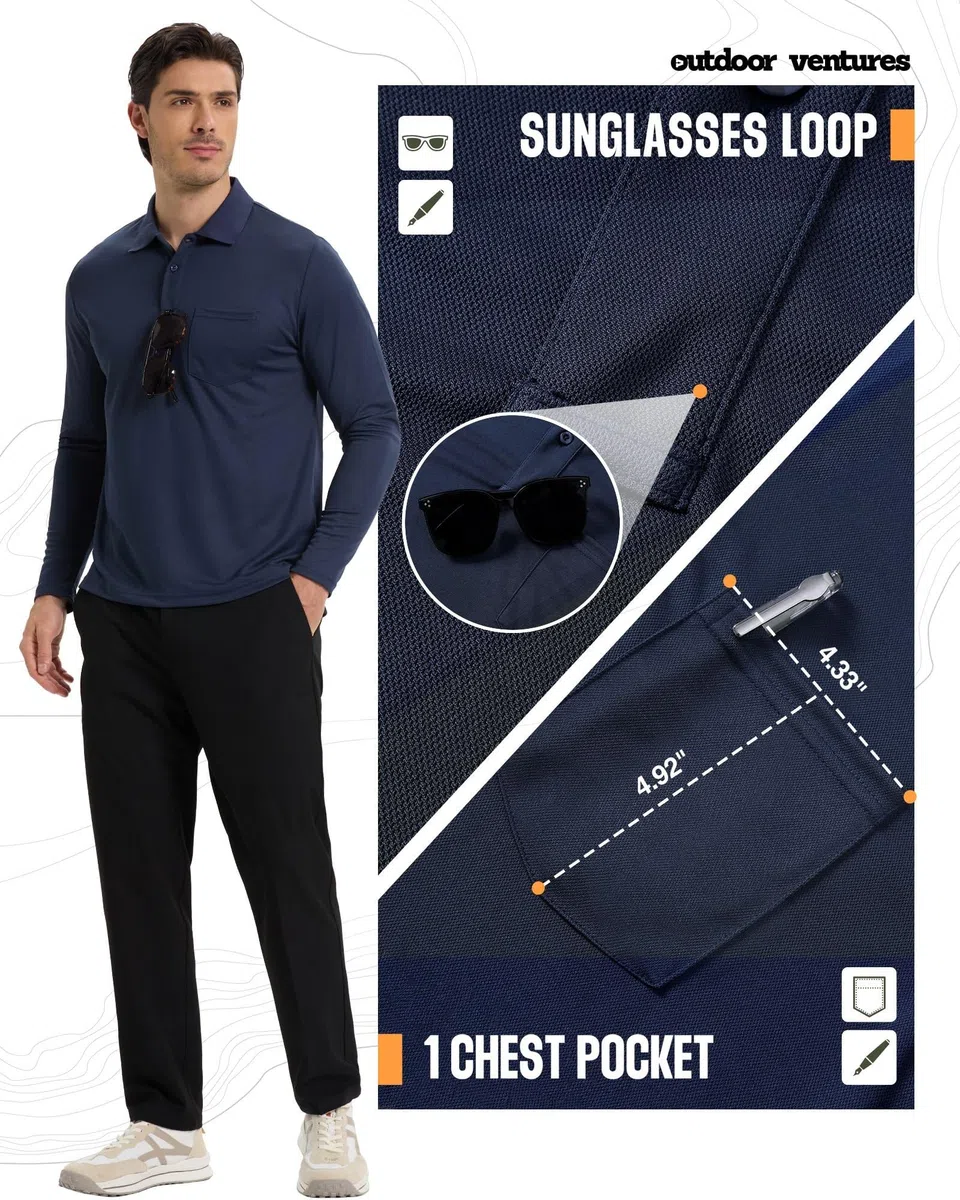 Outdoor Ventures Herren Poloshirt Langarm UPF50+ Sonnenschutz UV Schutz Polohemd Golf Sports T Shirts für Männer Leichtes Atmungsaktiv Poloshirts Casual Polo Tops zum Tennis