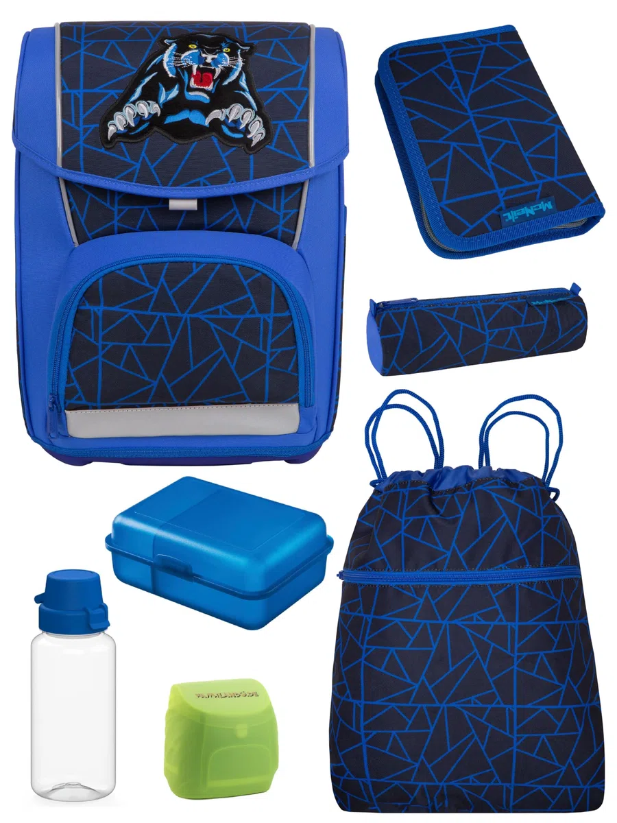 Familando - McNeill Basic Schulranzen Set - 7-teilig mit Sporttasche - WILD Panther - Ergonomisch & Verstellbarer Brustgurt - 960g leicht mit 21L Volumen & Reflektoren - Für Grundschule ab 1. Klasse