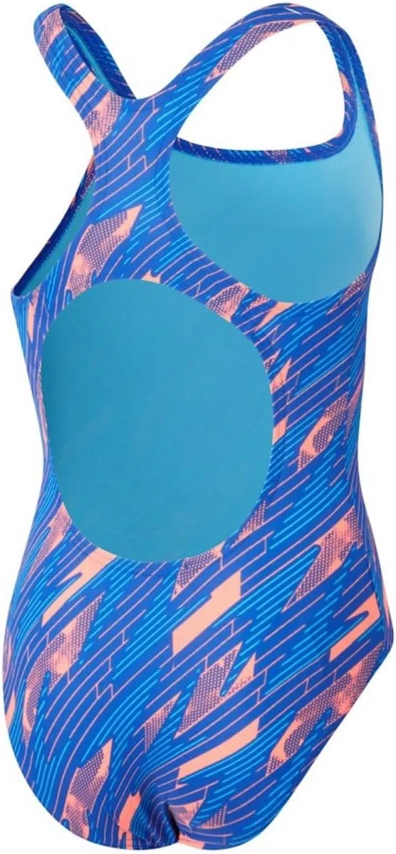 Speedo Hyperboom Allover Medalist Badeanzug Chlorbeständig Schnelltrocknend für Mädchen, Sirenenrot/Echtes Kobaltblau/Picton-Blau, 9-10 Jahre
