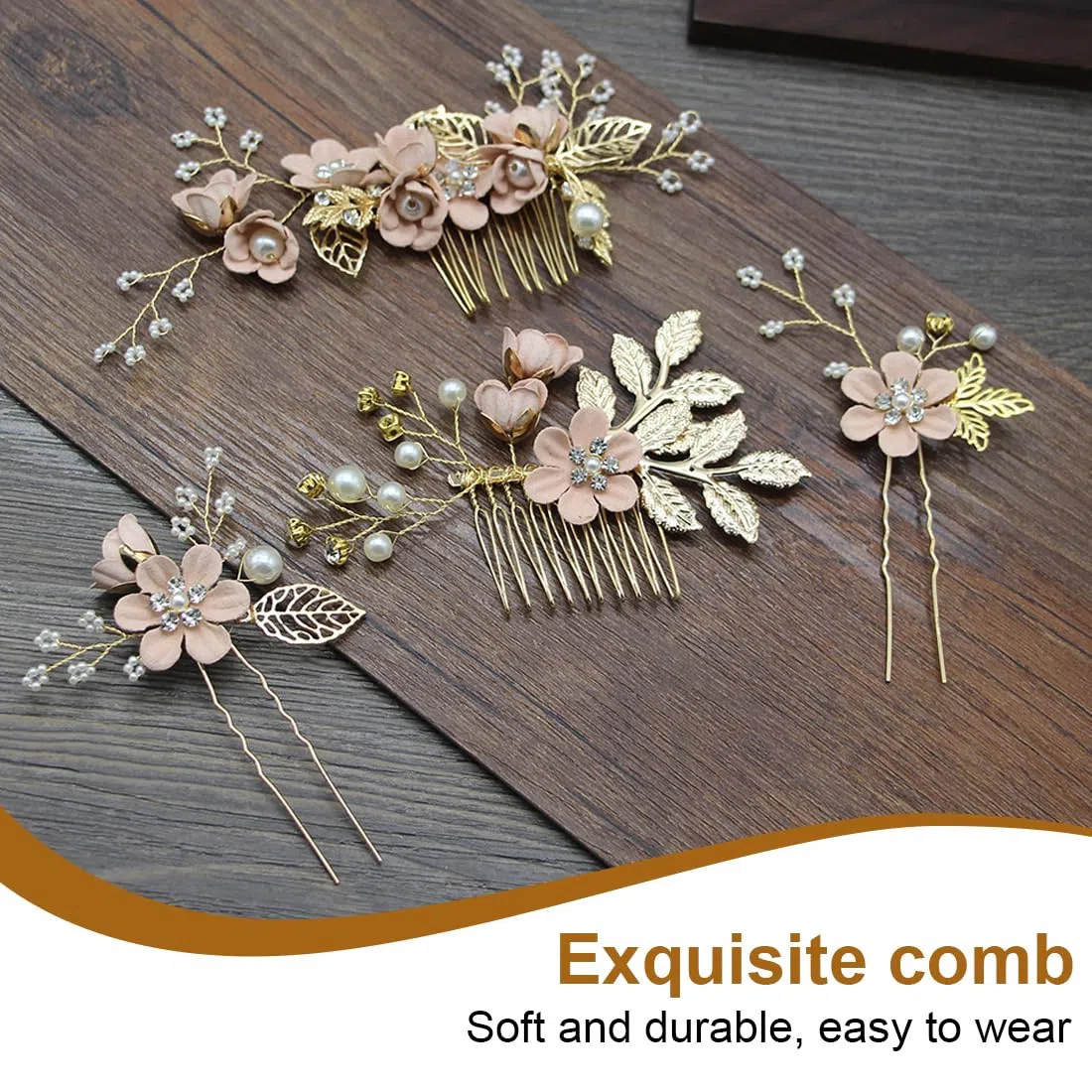 Rosa-Gold Haarschmuck Hochzeit - 4 Stück Haarkamm mit Perlen und Strass, Braut Haarschmuck für Brautjungfern