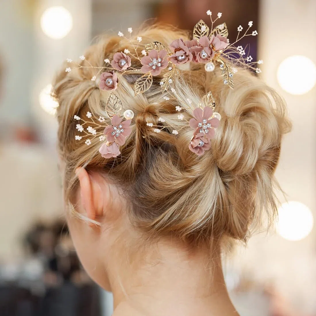 Rosa-Gold Haarschmuck Hochzeit - 4 Stück Haarkamm mit Perlen und Strass, Braut Haarschmuck für Brautjungfern