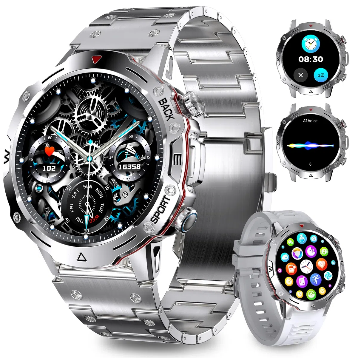 Smartwatch Herren mit 2 Uhrgürteln, über 100 Sportmodi, 24/7 Herzfrequenz, Schlafüberwachung, Smart Watch mit Telefonfunktion, Nachrichtenfunktionen, Fitnessuhr für Android und iOS, Männer