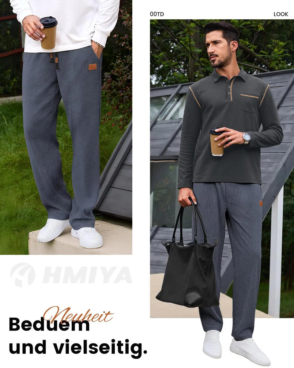 HMIYA Cord Hose Herren Chinohose Regular Weites Bein Hosen Mode Freizeithose Baumwolle Elastische Taillemit Taschen