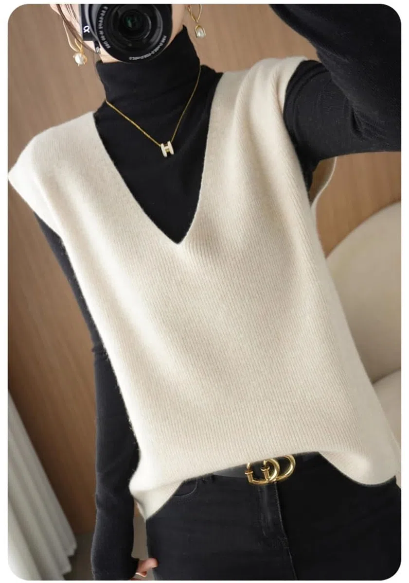Strickweste für Damen, Kaschmir-Pullover, V-Ausschnitt, Schlitz, Kaschmir-Strick, ärmellos, lose Weste