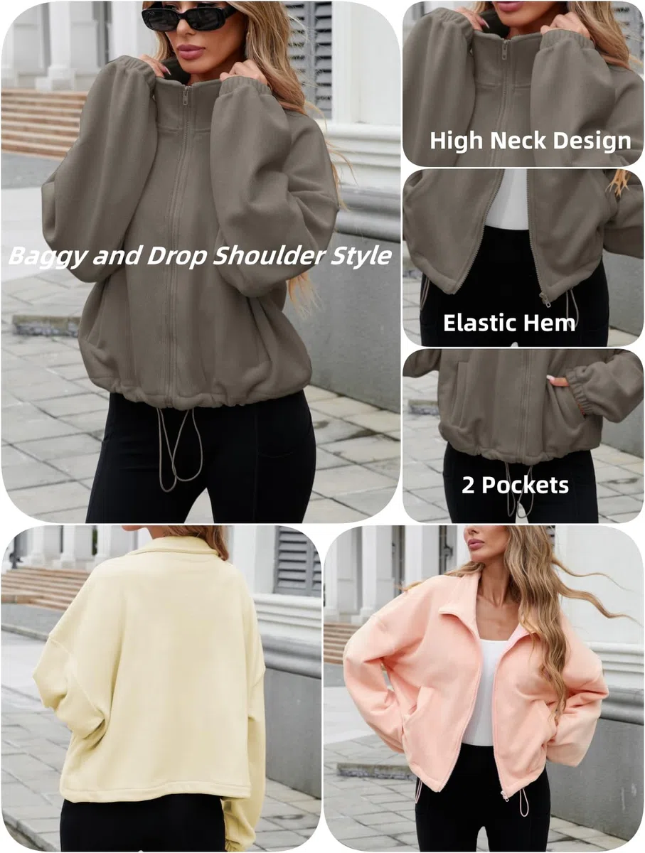 Famulily Damen Drawstring Saum Langarm Crop Sweatshirt Tops Full Zip Fleece Kurze Jacke mit Taschen S bis XL