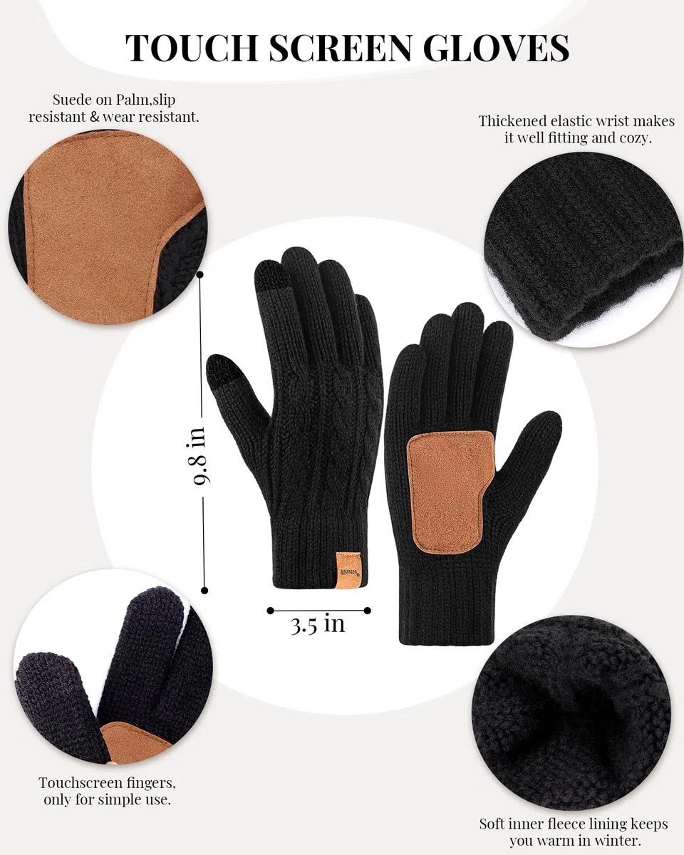 Winuesa Mütze, Schal & Handschuh-Sets für Damen, Beanie Mütze Damen Winter mit Bommel Fleece Gefütterte, Touchscreen Handschuhe Schal 3 in 1 Geschenk Set(Haferflocken)
